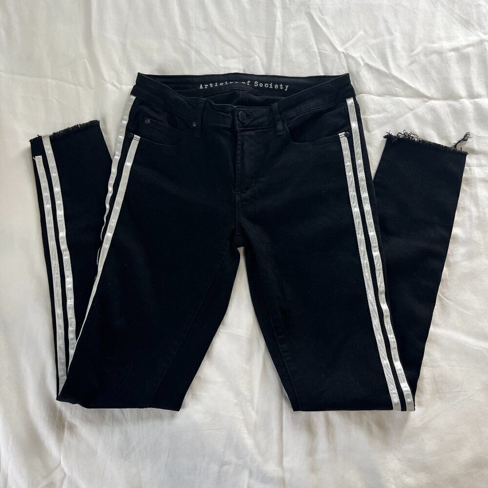 Articles of Society Solid Black White Side Stripe Fringe Hem Jeans | Size 26